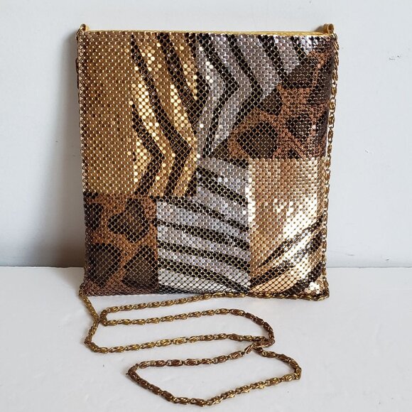 VINTAGE 70s Disco Gold Metal Mesh Bag Chain Crossbody Animal Print Retro Groovy - Picture 10 of 13